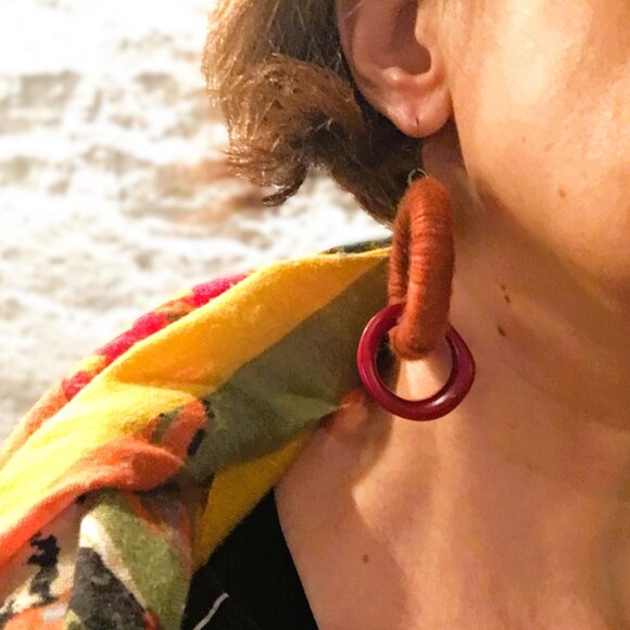 Handmade Oval Burnt Orange Acrylic Wrapped Chunky Dangle Chain Earrings - Picture 11 of 16